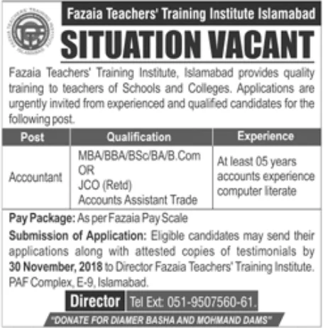 Fazaia Teachers Training Institute Islamabad Jobs