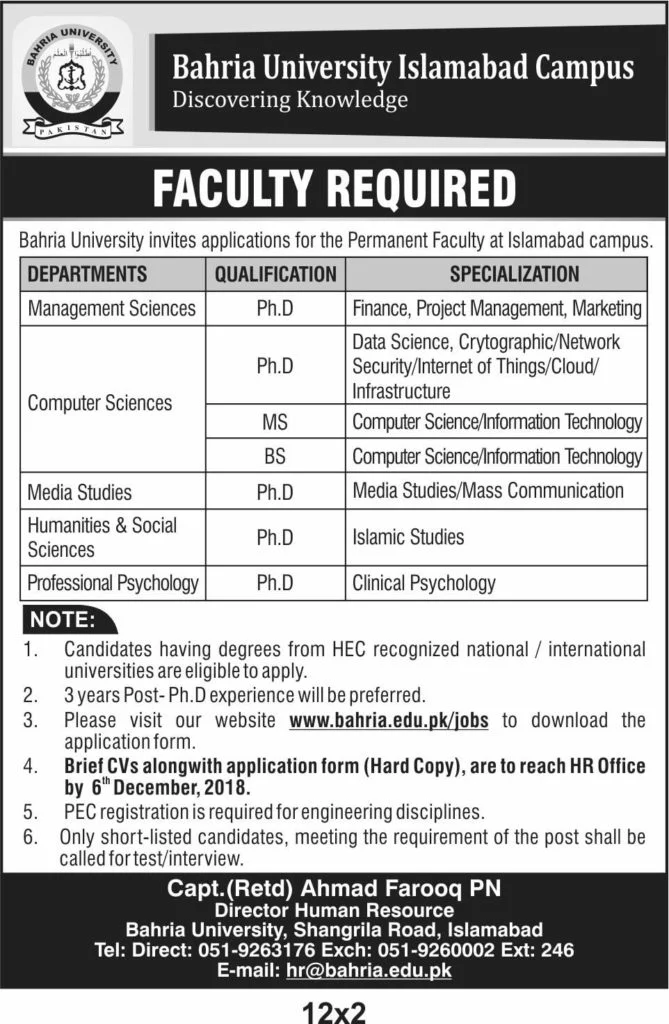 Bahria University Islamabad Jobs
