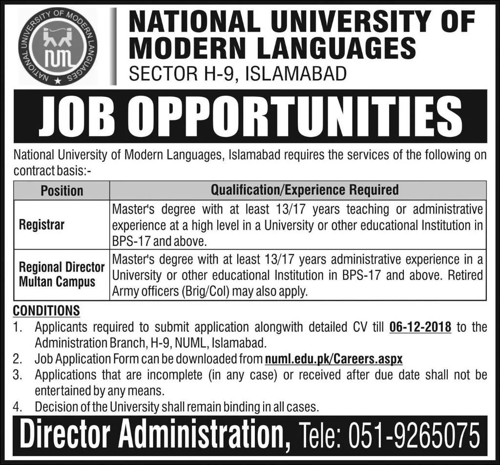 Numl University Islamabad Jobs
