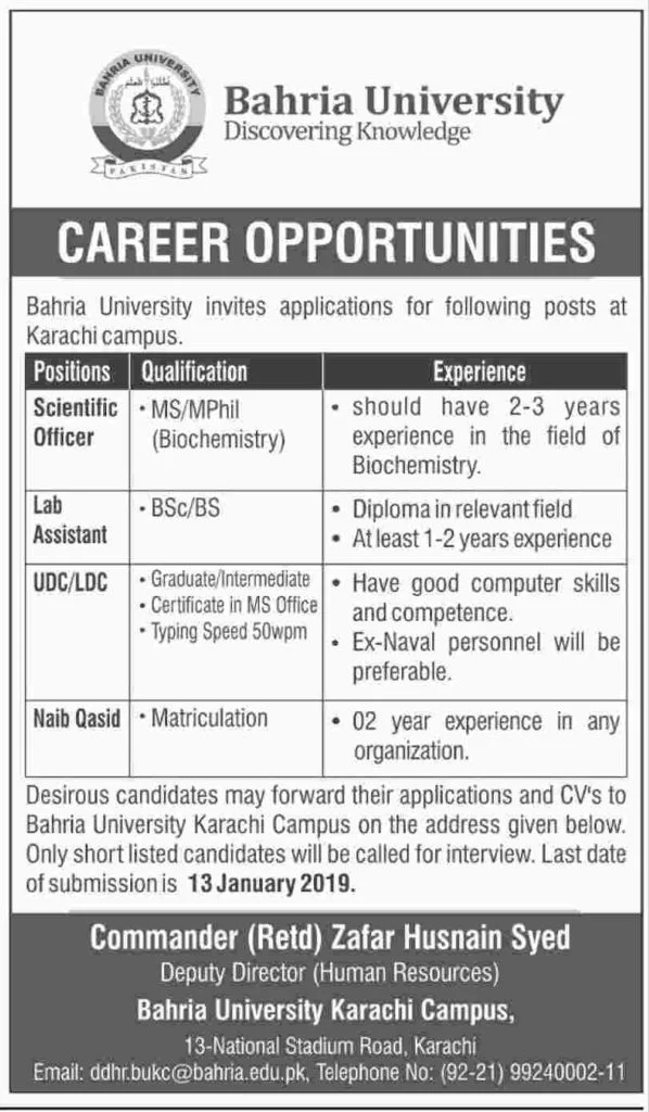 Bahria University Karachi Jobs 2019