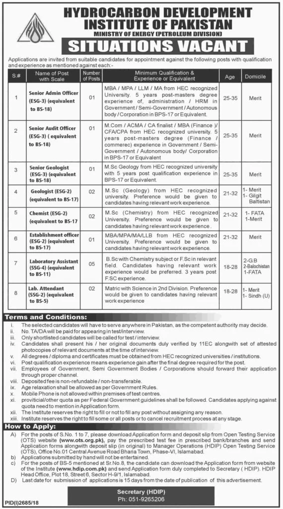 Ministry of Energy Petroleum Division HDIP Jobs