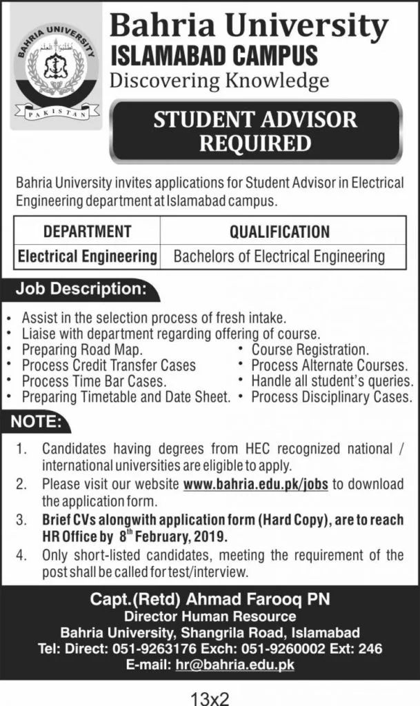 Bahria University Islamabad Student Advisor Required