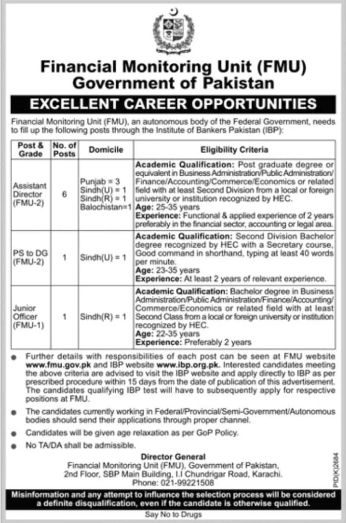 FMU Financial Monitoring Unit Jobs 2019 Government of Pakistan