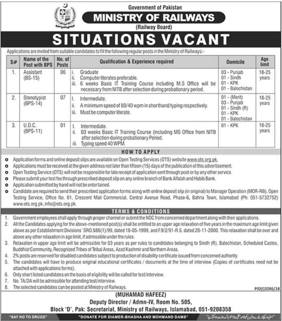 Government of Pakistan Ministry of Railway Jobs January 2019