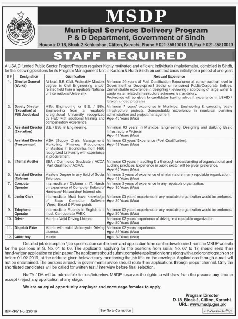 USAID Funded Project Jobs MSDP P&D Sindh Government