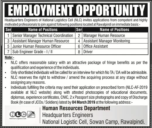 National Logistics Cell NLC New Jobs 2019 Application Form