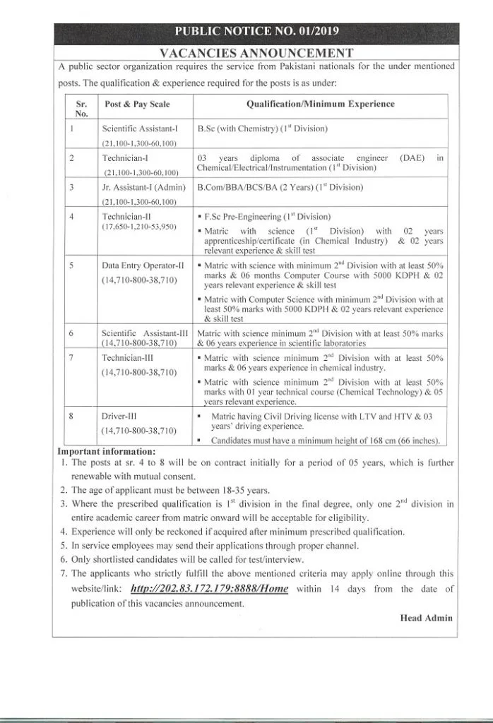 Public Sector Organization Islamabad Jobs Public Notice No 1 2019