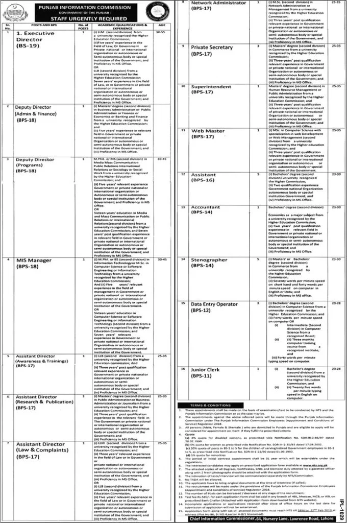 Punjab Information Commission PIC Jobs 2019 NTS