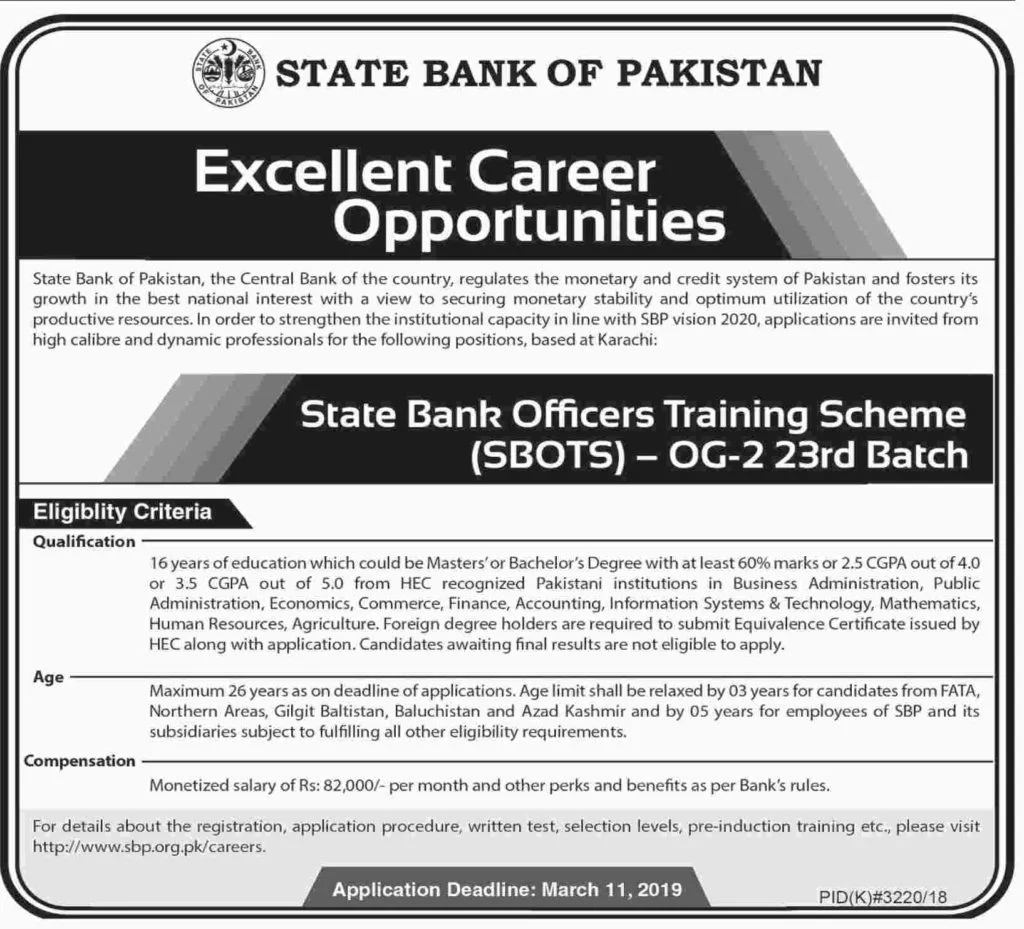 State Bank of Pakistan SBP Jobs 2019 Officers Training Scheme SBOTS OG 2 Batch 23