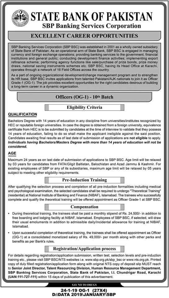 State Bank of Pakistan SBP BSC NTS Jobs 2019 Officers OG 1 Batch 10 Apply Online