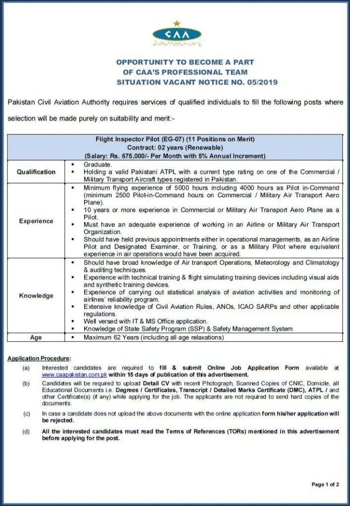 Civil Aviation Authority Jobs 2019 CAA Notice No 5 2019