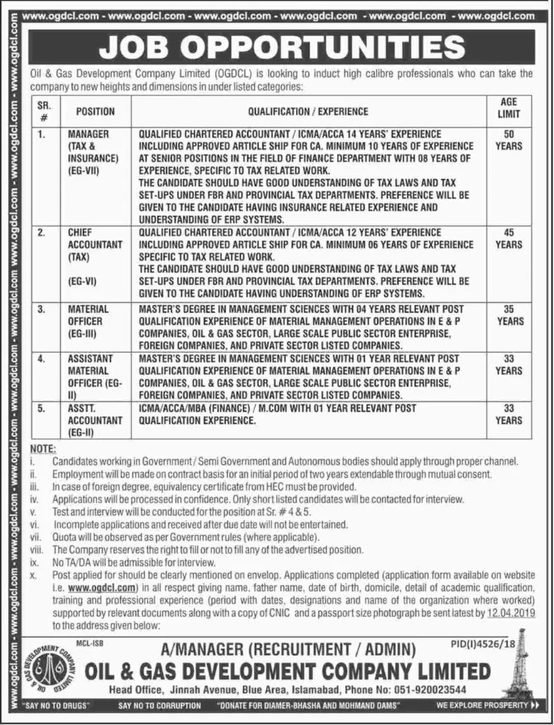 Oil and Gas Development Company Limited OGDCL Jobs 2019