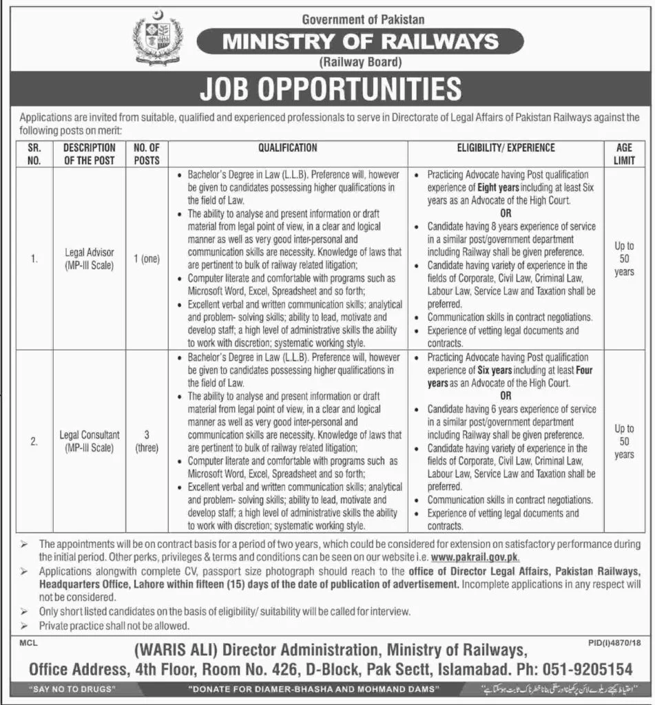 Government of Pakistan Ministry of Railways Pakistan Railway Jobs 2019 Directorate of Legal Affairs