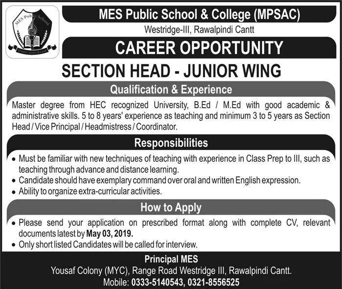 MES Public School & College MPSAC Rawalpindi Jobs 2019 Section Head Required