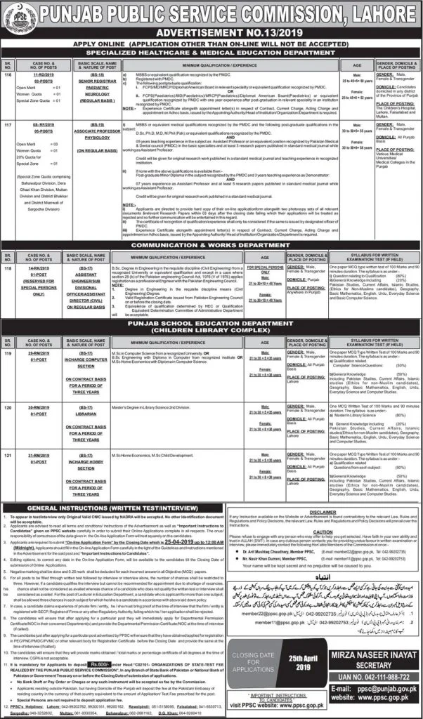 Punjab Public Service Commission PPSC Jobs Today Advertisement No 13 2019 Apply Online