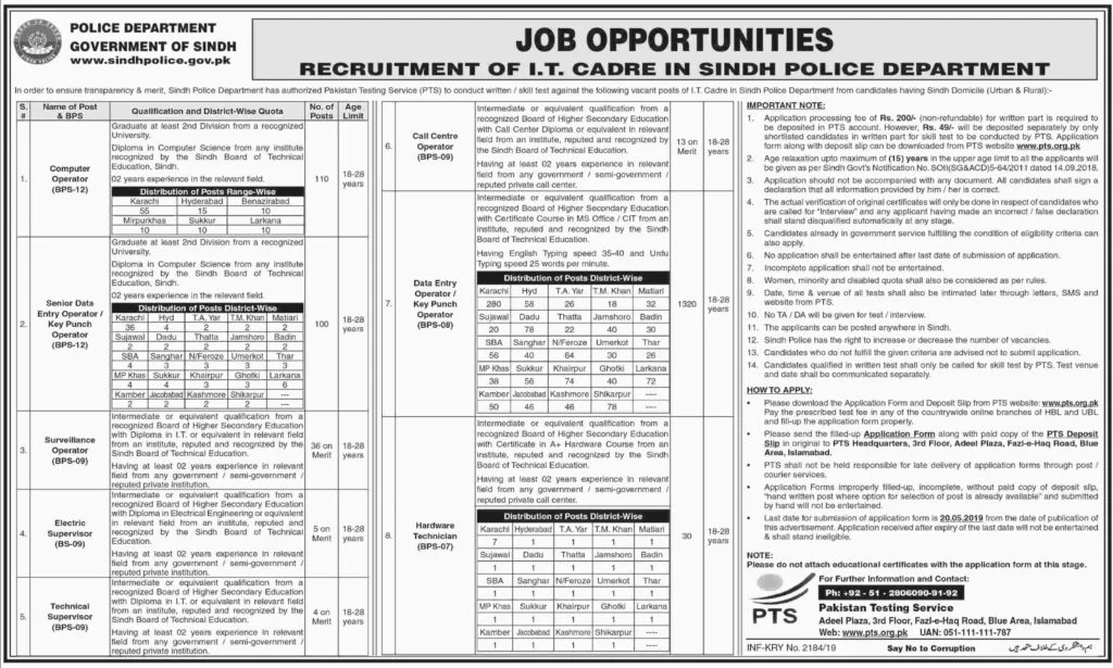 Sindh Police Department Jobs 2019 IT Cadre Application Form PTS