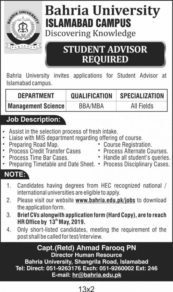 Bahria University Islamabad Latest Jobs 2019 Multiple Positions a
