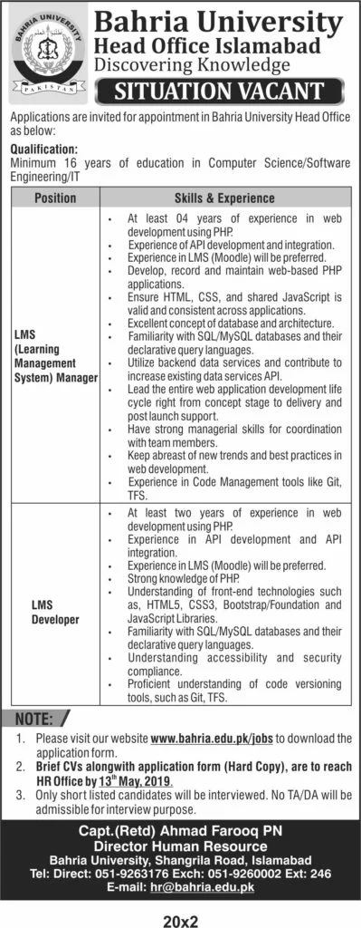 Bahria University Islamabad Latest Jobs 2019 Multiple Positions b