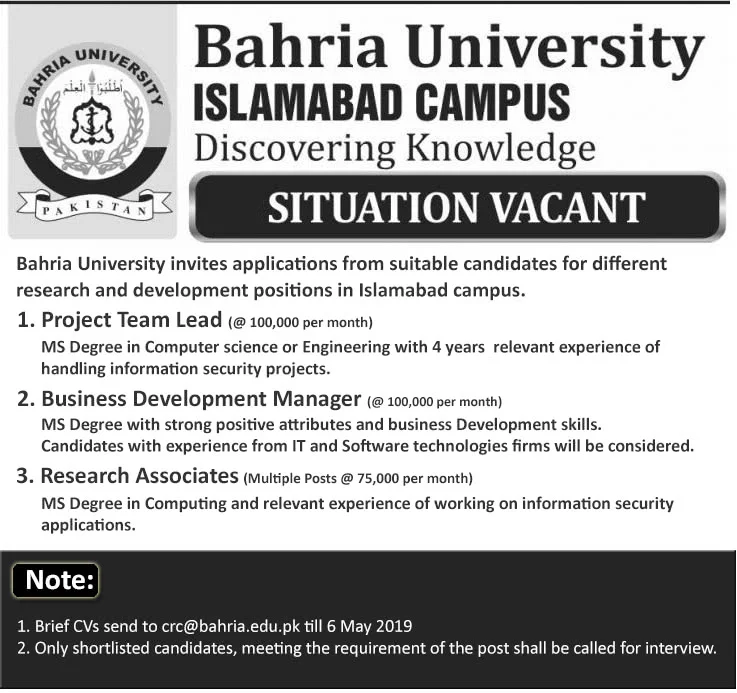 Bahria University Islamabad Latest Jobs 2019 Research and Development Positions