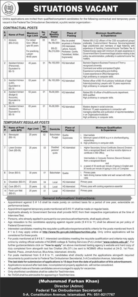Government of Pakistan Federal Tax Ombudsman FTO Jobs 2019 Apply Online