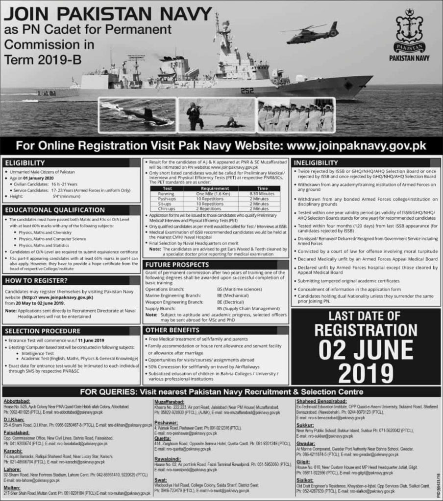 Join Pak Navy Jobs 2019 Online Registration Permanent Commission as PN Cadet in Term 2019-B