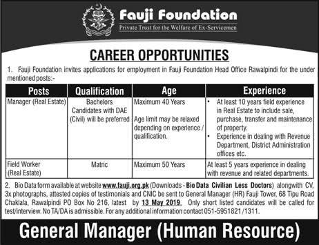 PO Box 216 Fauji Foundation Jobs 2019 Managers and Field Worker a