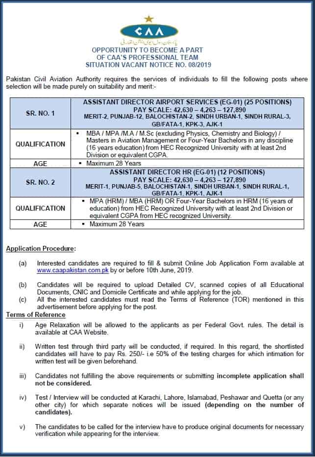 Pakistan Civil Aviation Authority Jobs 2019 CAA Notice No 8 2019 Apply Online 1