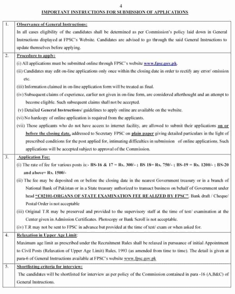 Federal Public Service Commission FPSC Jobs Consolidated Advertisement No 6 2019 Apply Online d Submission of Application