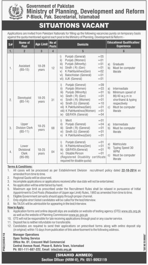 Government of Pakistan Ministry of Planning Development and Reform Jobs 2019 OTS