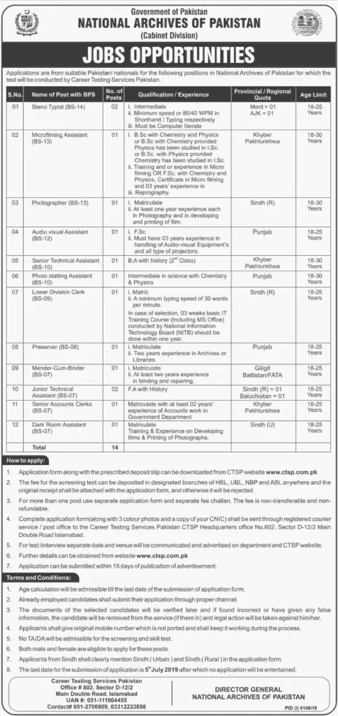 Government of Pakistan National Archives of Pakistan Cabinet Division Jobs 2019 Career Testing Services Pakistan CTSP