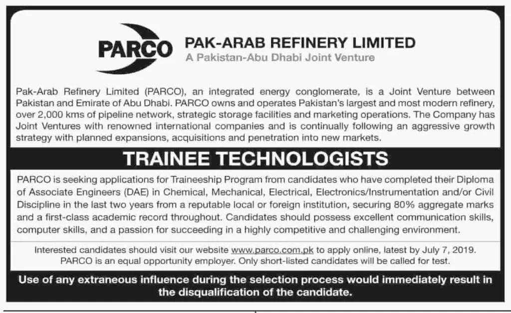 Pak Arab Refinery Limited PARCO Trainee Technologists Jobs 2019 www.parco.com.pk Apply Online