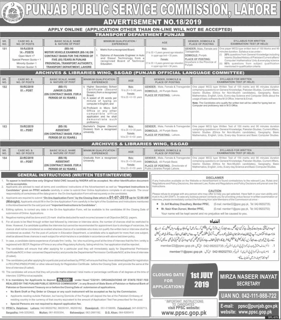 Punjab Public Service Commission PPSC Jobs Today Advertisement No 18 2019 Apply Online