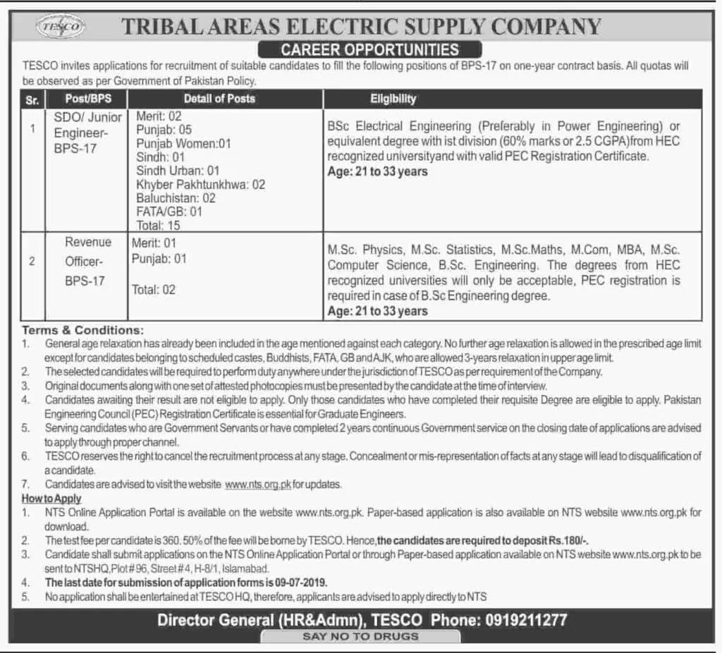 Tribal Areas Electric Supply Company TESCO Wapda Jobs 2019 Advertisement NTS www.tesco.gov.pk