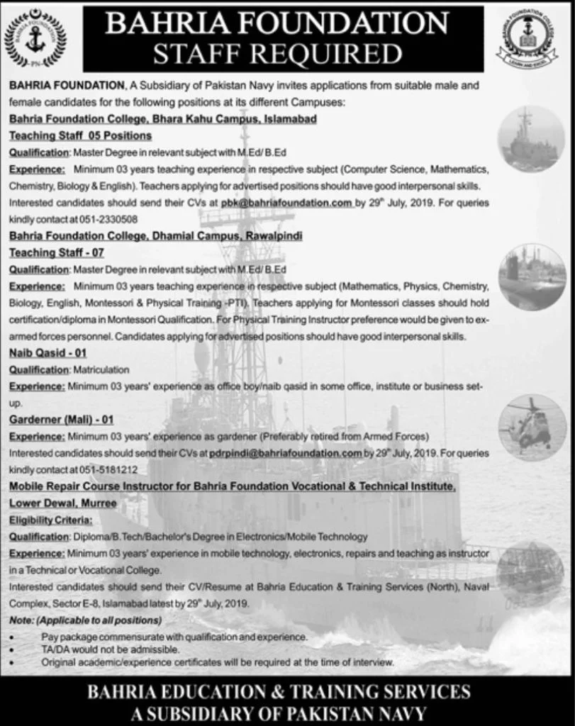 Bahria Foundation College Jobs for Teaching, Instructor & Other Staff