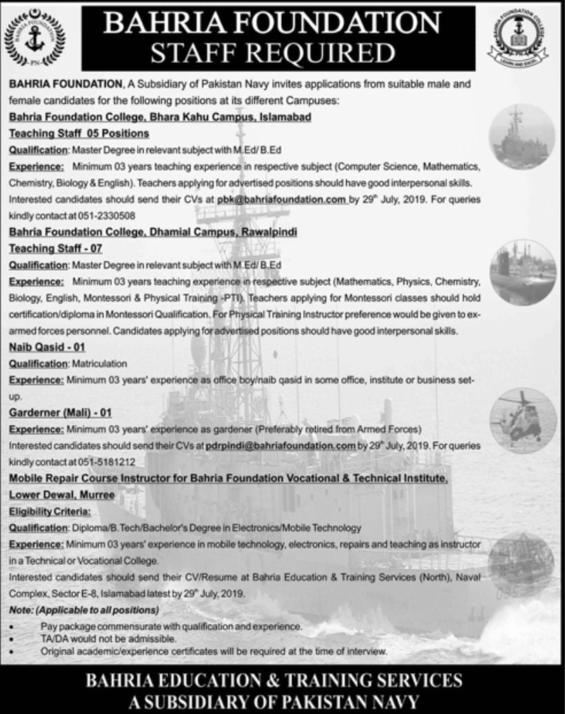 Bahria Foundation College Jobs For Teaching Instructor Other Staff
