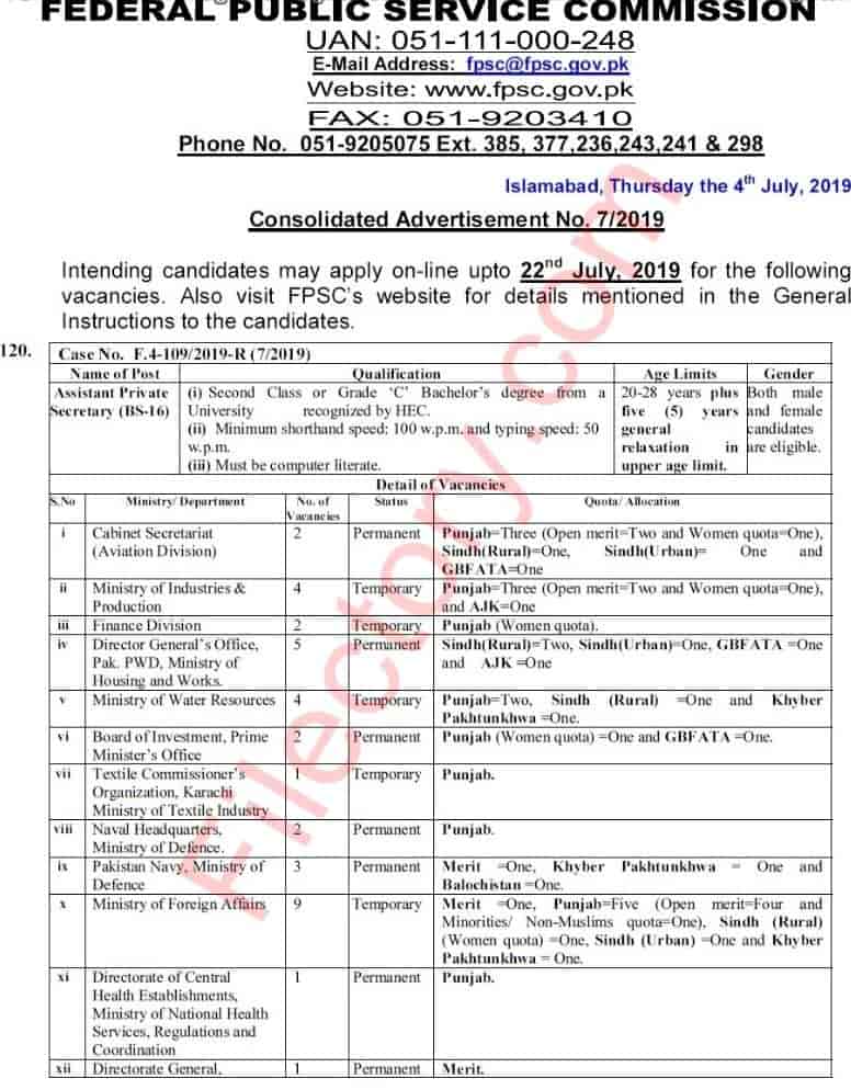 Fpsc Jobs Consolidated Advertisement No 7 2019 Apply Online