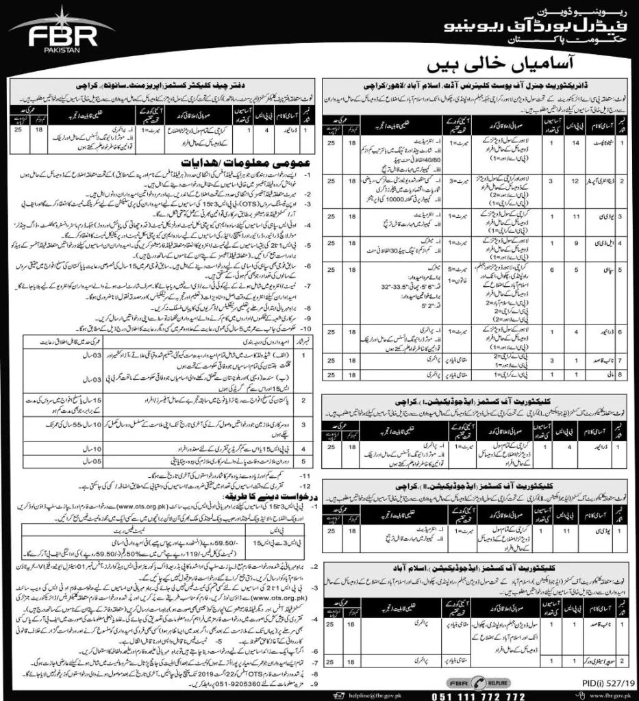 Government of Pakistan Federal Board of Revenue FBR Jobs 2019 OTS 3