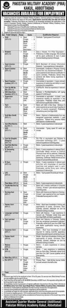 Pakistan Military Academy PMA Kakul Abbottabad Army Jobs July 2019