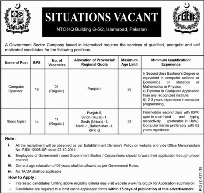 Public Sector Organization Islamabad Jobs 2019 NTS Apply Online