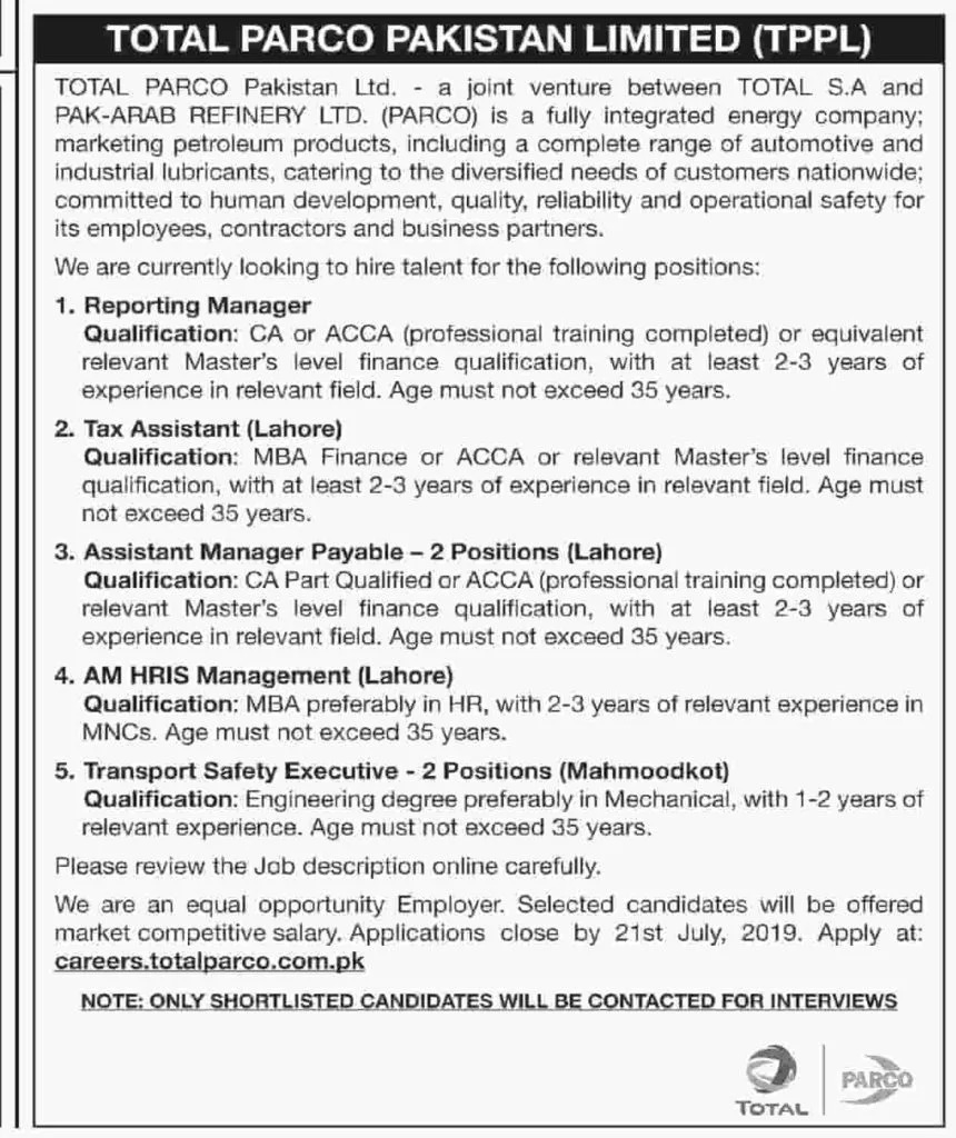 Total PARCO Pakistan Limited Jobs July 2019 Apply Online