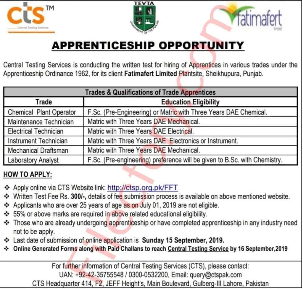 Fatima Fertilizer Company Limited Jobs Apprenticeship 2019 Advertisement CTS Apply Online