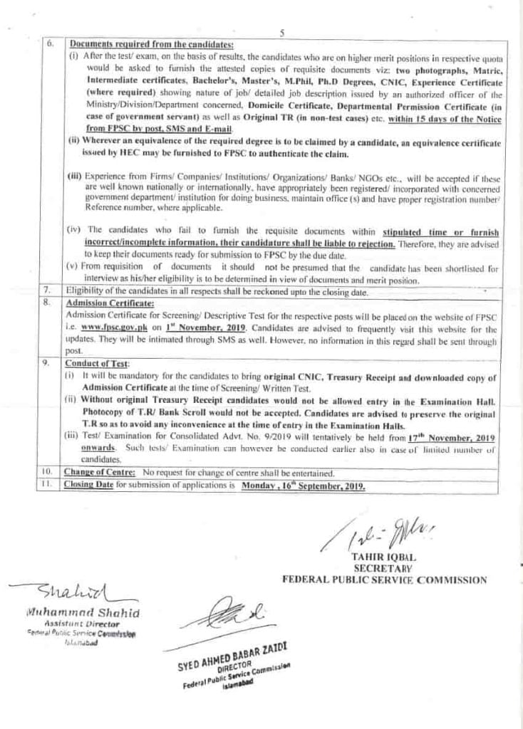 Federal Public Service Commission FPSC Jobs Consolidated Advertisement No 9 2019 Apply Online 5 Description