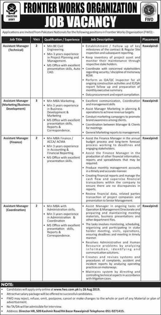 Frontier Works Organization FWO Jobs 2019 www.fwo.com.pk Apply Online Frontier Works Organization FWO Jobs 2019 www.fwo.com.pk Apply Online