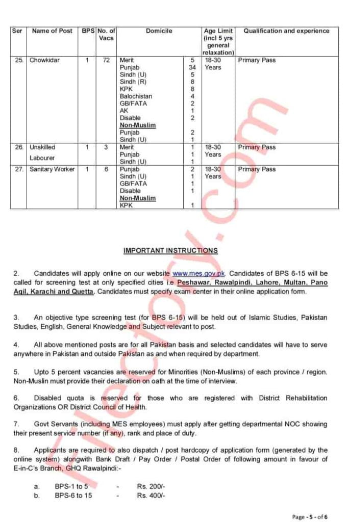 draft bank mes 2019 Jobs 2019 Online www.mes.gov.pk MES Apply Advertisement