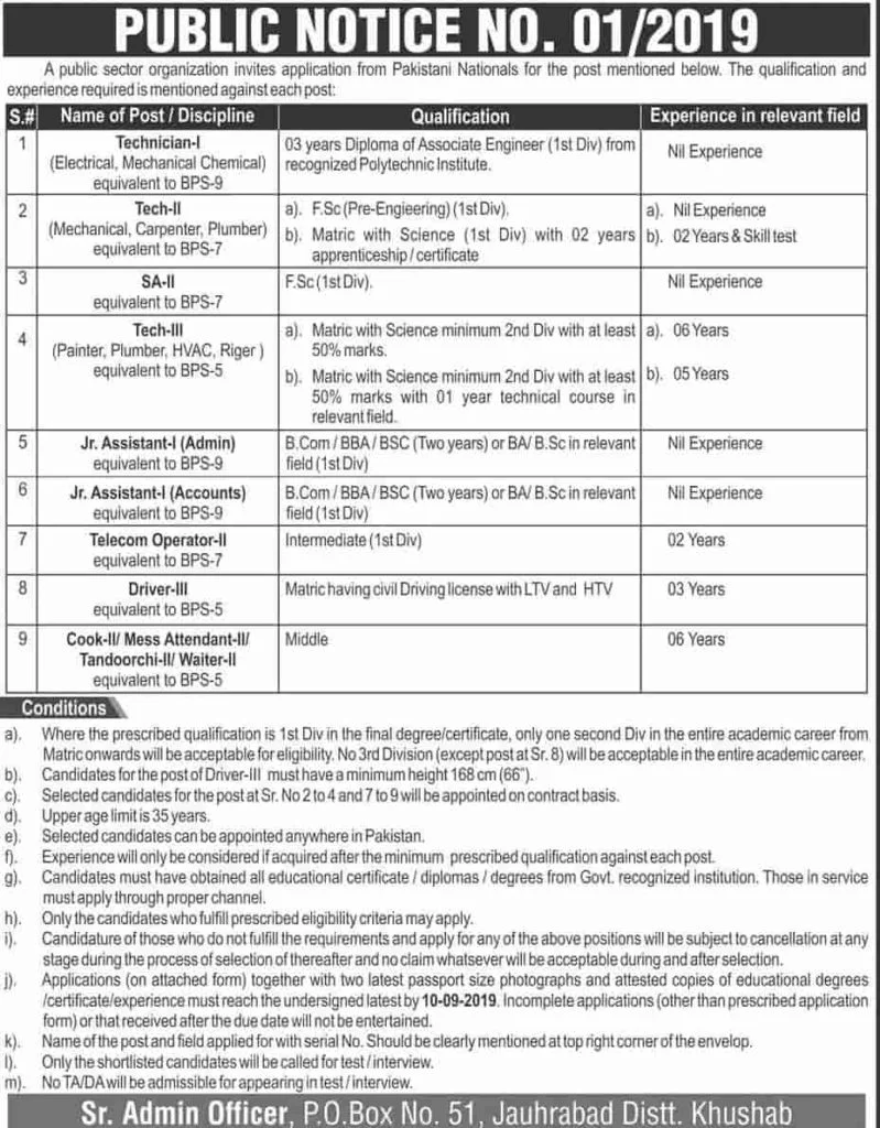 PO Box 51 Jauharabad District Khushab Public Sector Organization PAEC Jobs 2019