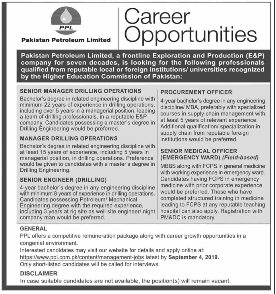 Pakistan Petroleum Limited PPL Latest Jobs Advertisement 2019 Apply Online Pakistan Petroleum Limited PPL Latest Jobs Advertisement 2019 Apply Online