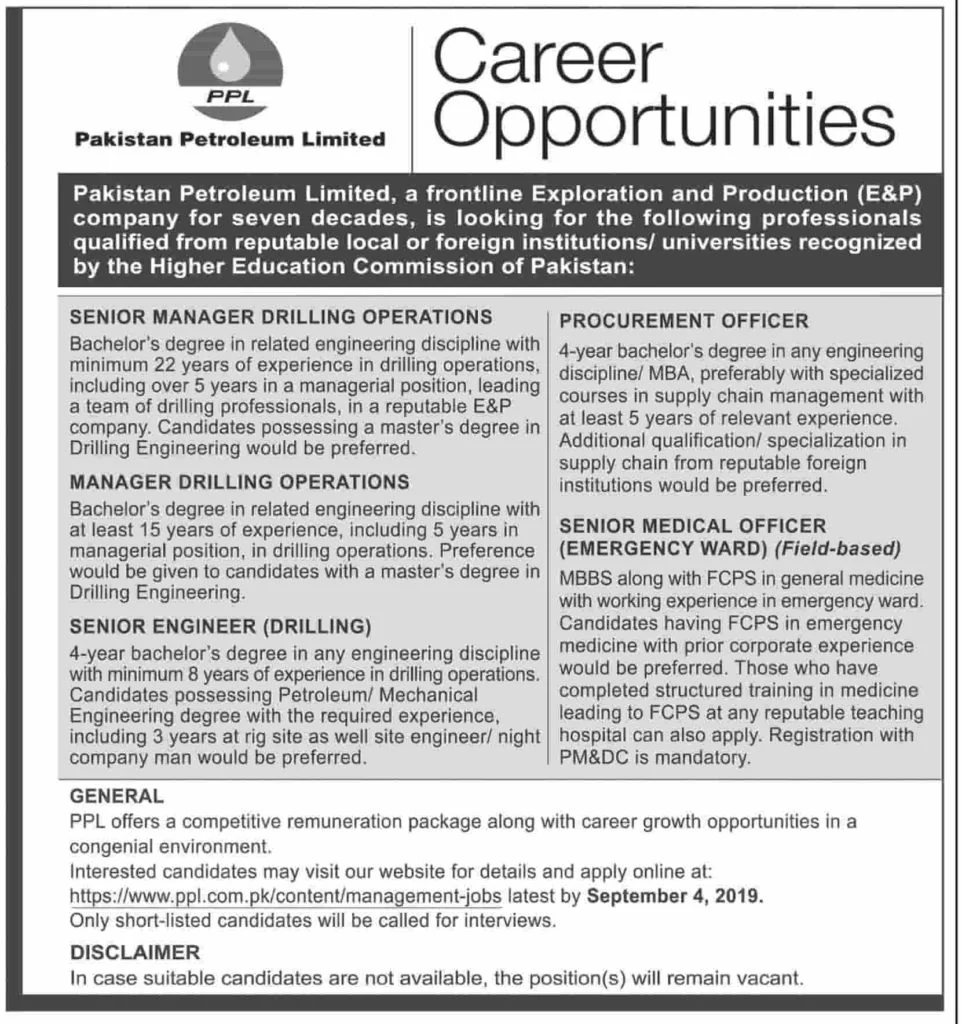 Pakistan Petroleum Limited PPL Latest Jobs Advertisement 2019 Apply Online