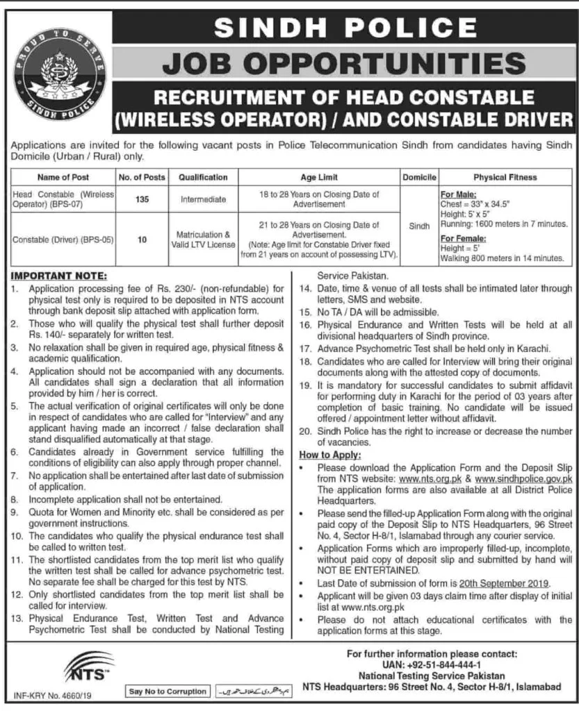 Sindh Police Jobs 2019 NTS Application Form www.nts.org.pk