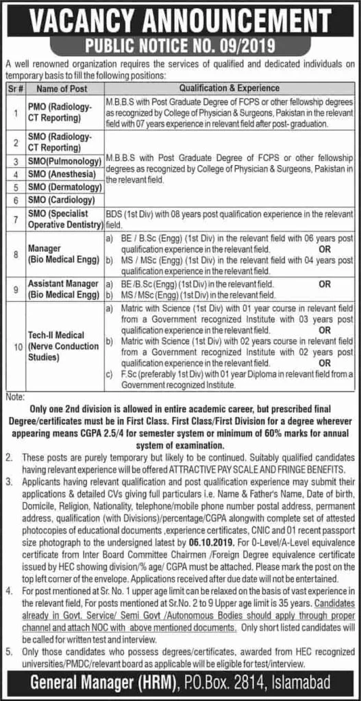 PO Box 2814 Islamabad Public Sector Organization Latest Jobs 2019 Advertisement