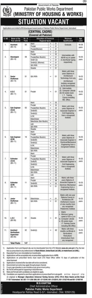 Pakistan Public Works Department PWD Jobs 2019 UTS Central Cadre